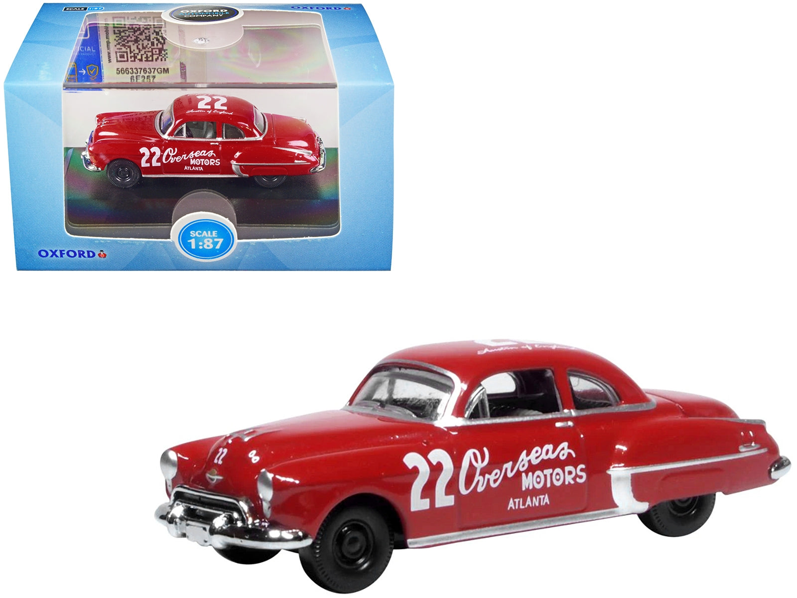 1949 Oldsmobile Rocket 88 Coupe #22 "Overseas Motors Atlanta" Red 1/87 (HO) Scale Diecast Model Car by Oxford Diecast Oxford Diecast