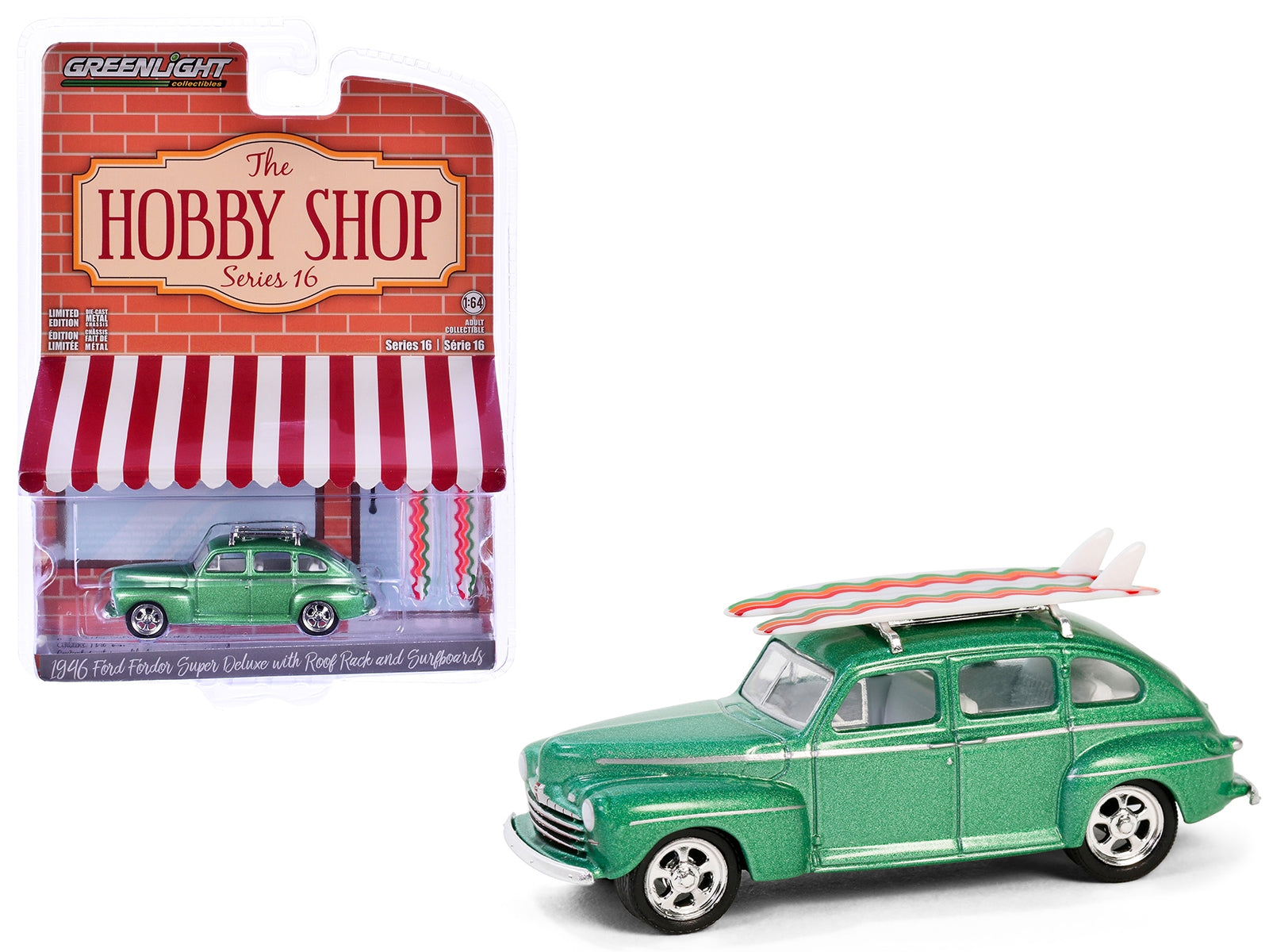 1946 Ford Fordor Super Deluxe Green Metallic with White Interior and Roof Rack with Surfboards "The Hobby Shop" Series 16 1/64 Diecast Model Car by Greenlight Greenlight