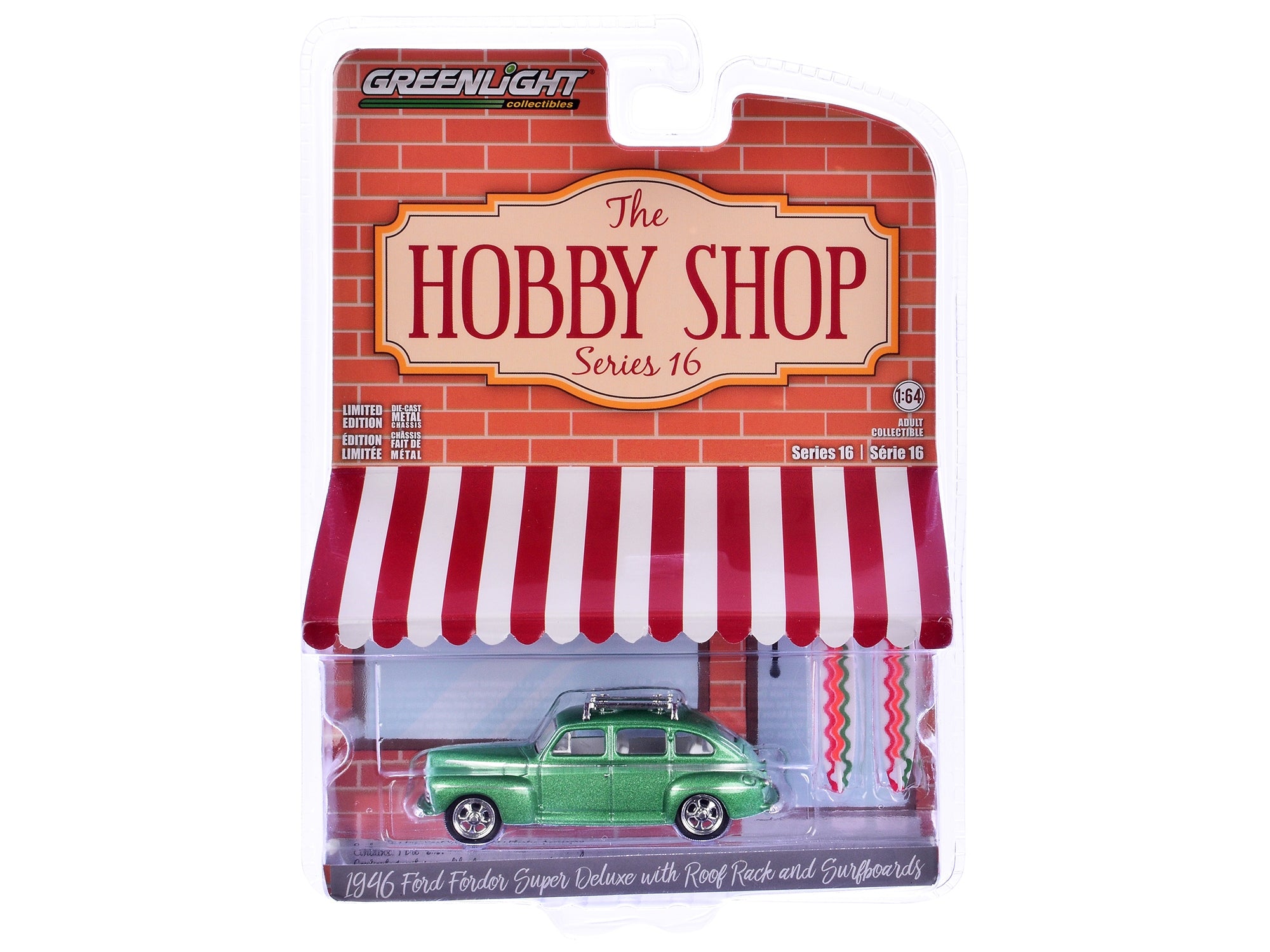 1946 Ford Fordor Super Deluxe Green Metallic with White Interior and Roof Rack with Surfboards "The Hobby Shop" Series 16 1/64 Diecast Model Car by Greenlight Greenlight