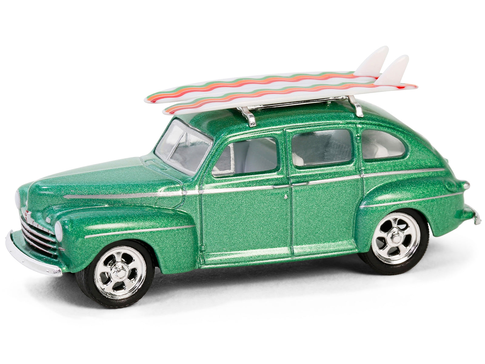 1946 Ford Fordor Super Deluxe Green Metallic with White Interior and Roof Rack with Surfboards "The Hobby Shop" Series 16 1/64 Diecast Model Car by Greenlight Greenlight