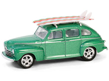 Load image into Gallery viewer, 1946 Ford Fordor Super Deluxe Green Metallic with White Interior and Roof Rack with Surfboards &quot;The Hobby Shop&quot; Series 16 1/64 Diecast Model Car by Greenlight Greenlight
