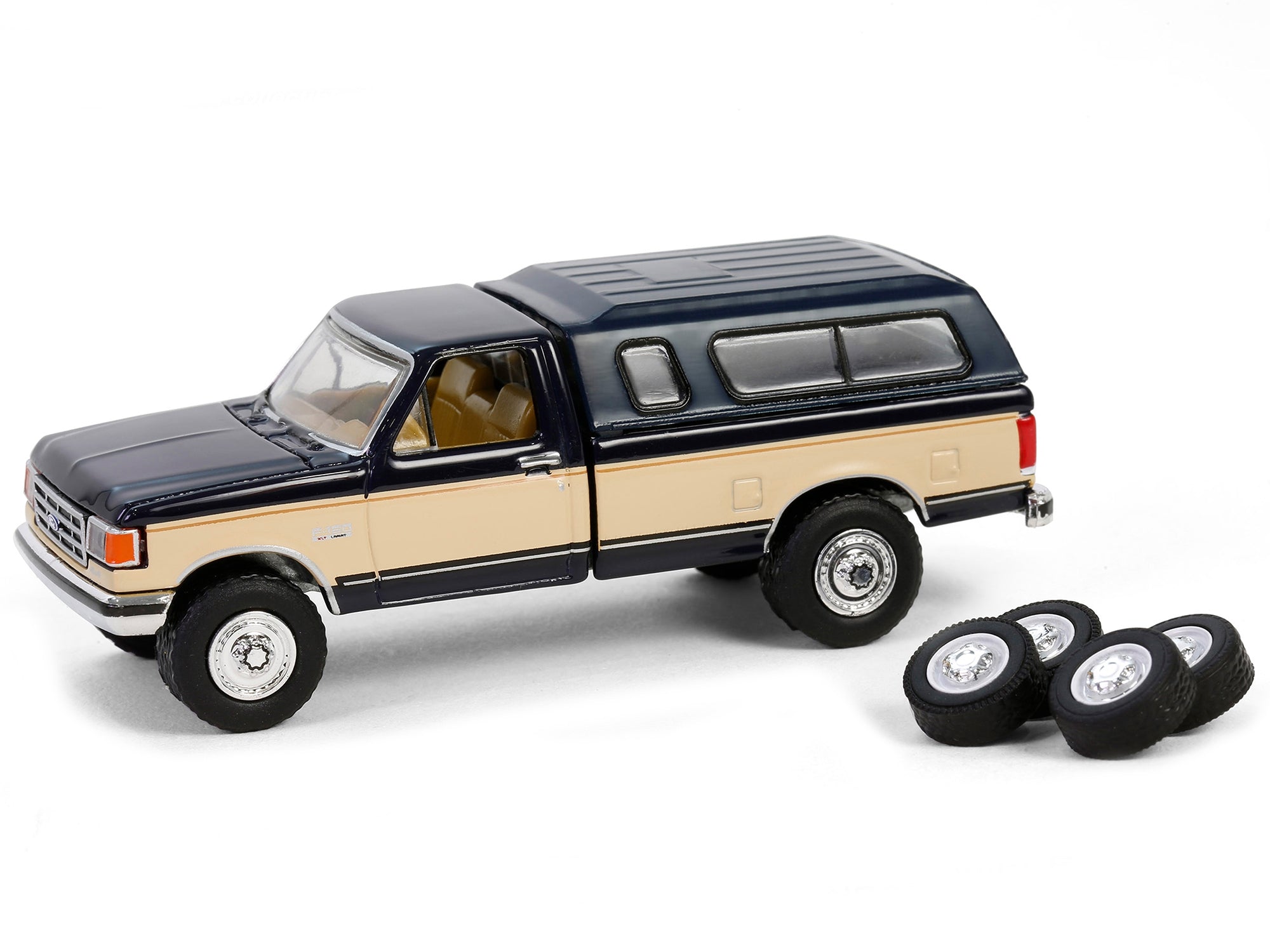 1991 Ford F-150 XLT Lariat Pickup Truck with Camper Shell Deep Shadow Blue and Tan with Spare Tires "The Hobby Shop" Series 16 1/64 Diecast Model Car by Greenlight Greenlight