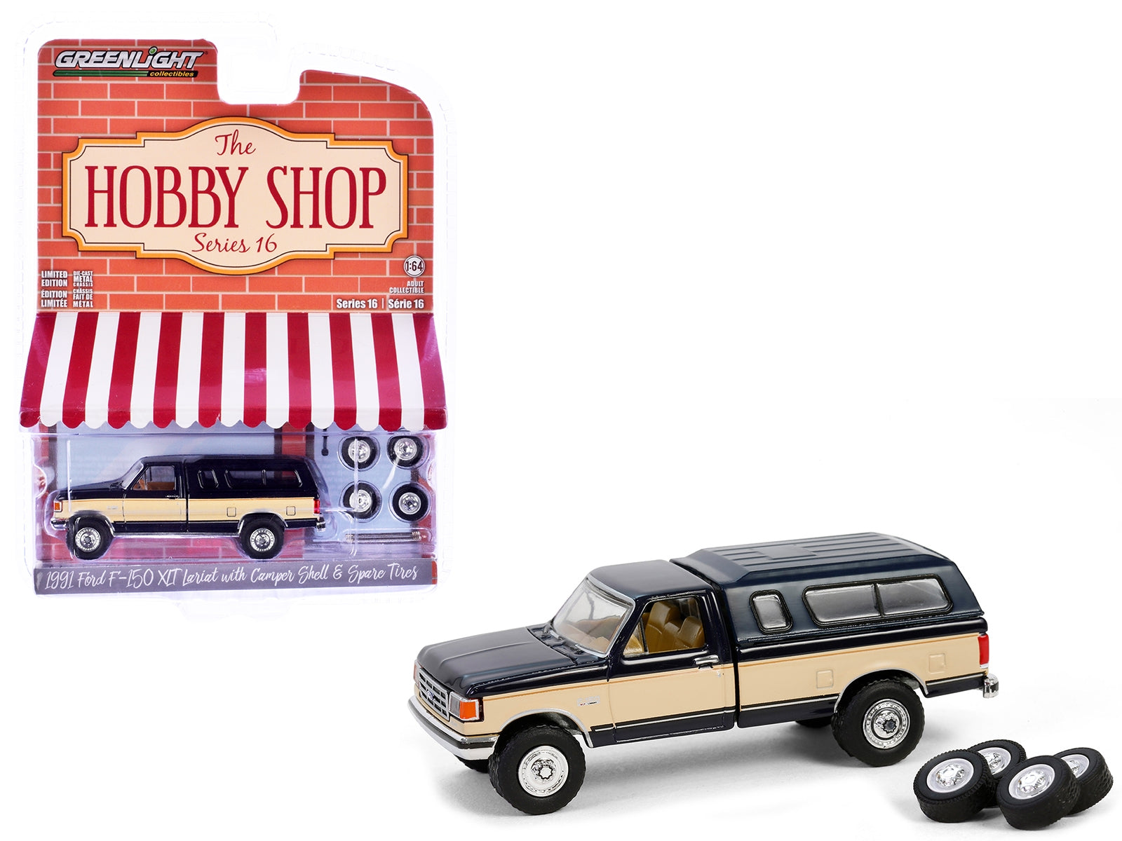 1991 Ford F-150 XLT Lariat Pickup Truck with Camper Shell Deep Shadow Blue and Tan with Spare Tires "The Hobby Shop" Series 16 1/64 Diecast Model Car by Greenlight Greenlight