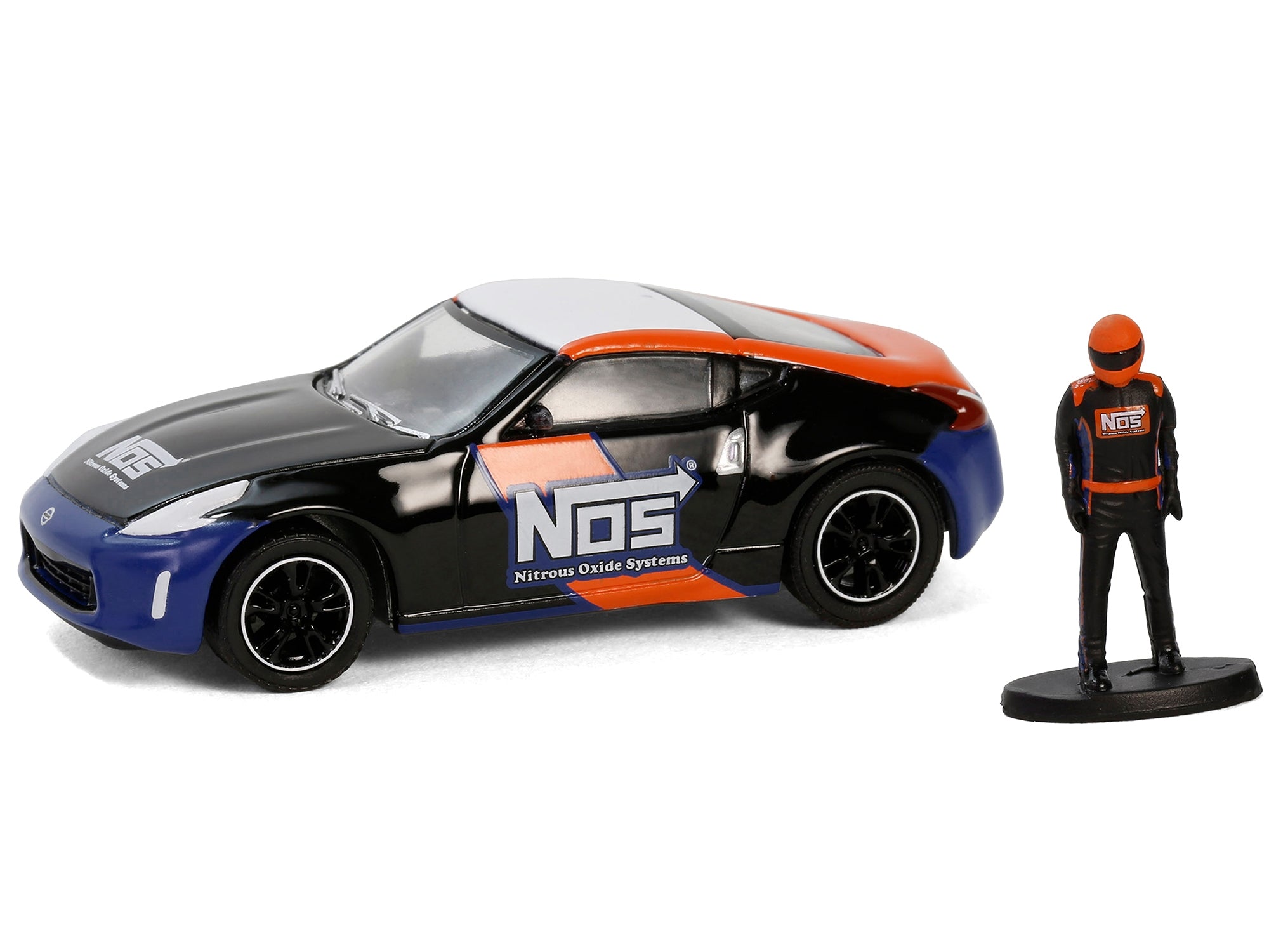 2020 Nissan 370z "NOS Nitrous Oxide Systems" Black with Graphics and Race Car Driver "The Hobby Shop" Series 16 1/64 Diecast Model Car by Greenlight Greenlight