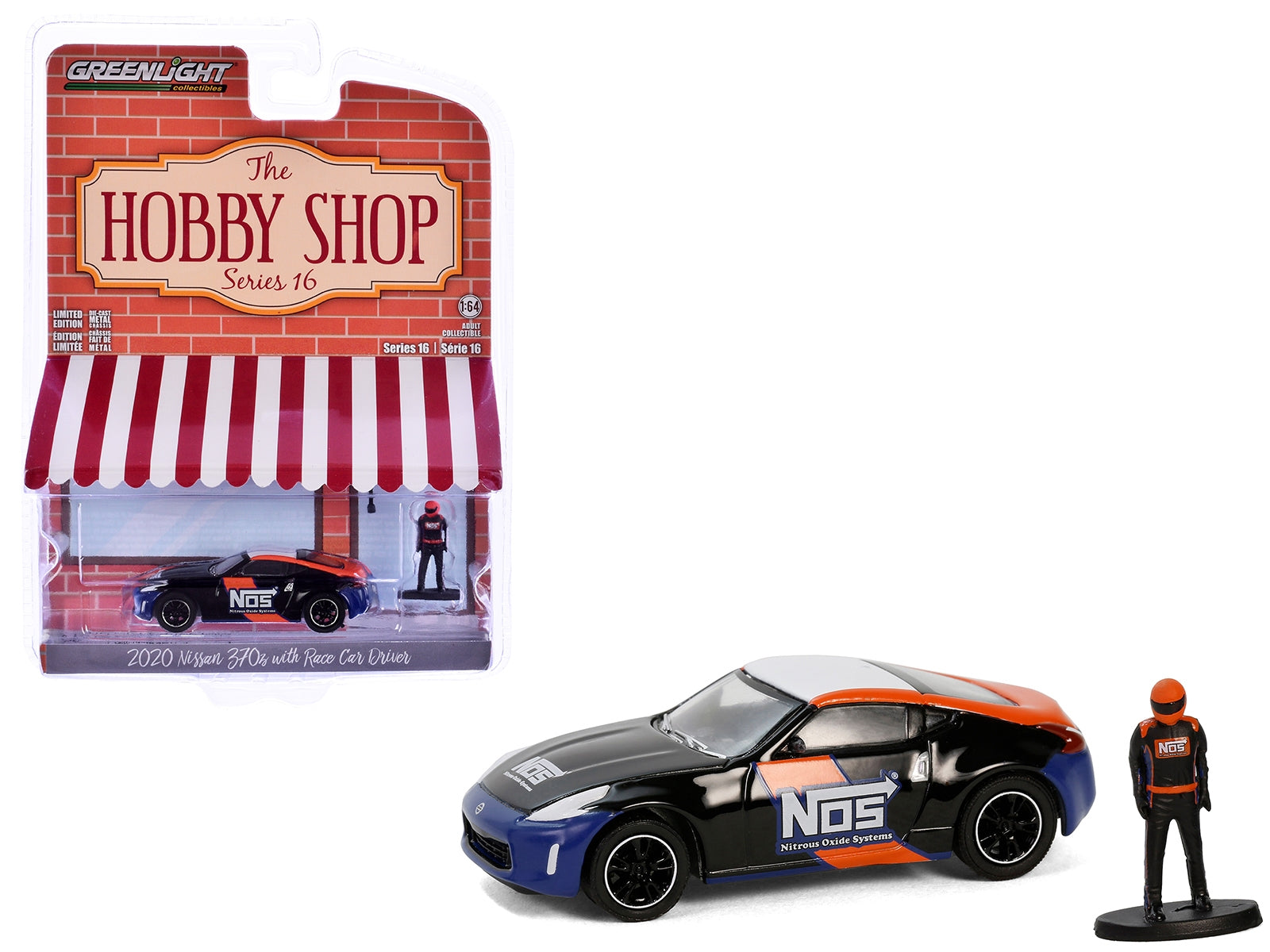 2020 Nissan 370z "NOS Nitrous Oxide Systems" Black with Graphics and Race Car Driver "The Hobby Shop" Series 16 1/64 Diecast Model Car by Greenlight Greenlight