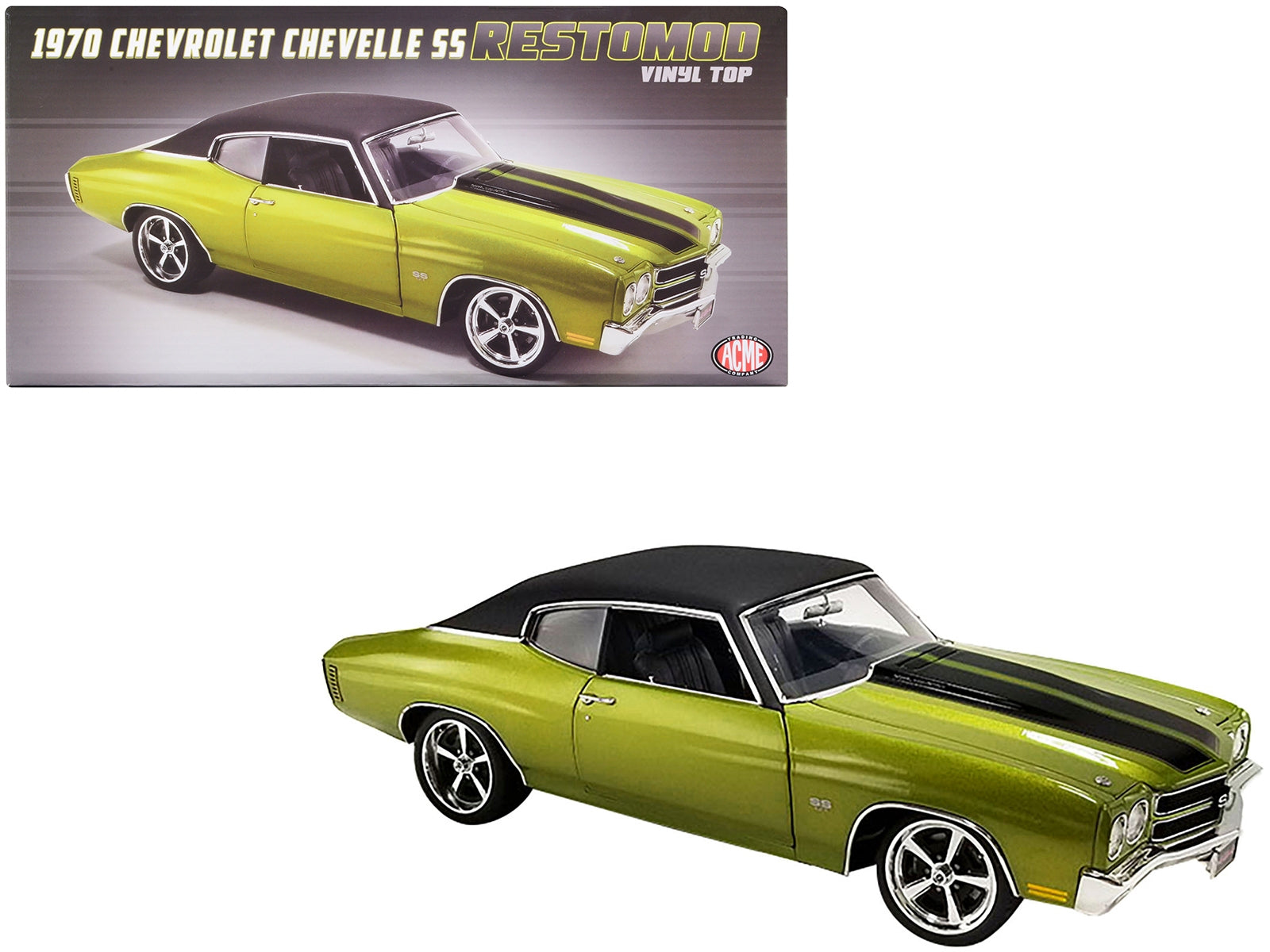 1970 Chevrolet Chevelle SS Restomod Citrus Green Metallic with Black Stripes and Black Vinyl Top Limited Edition to 258 pieces Worldwide 1/18 Diecast Model Car by ACME Acme