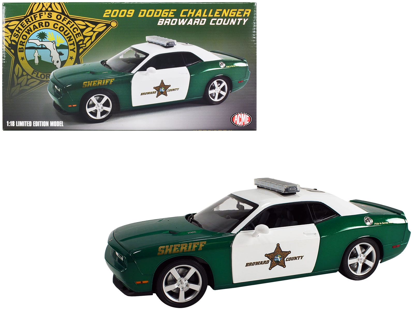 2009 Dodge Challenger R/T Green and White "Broward County Sheriff" Limited Edition to 252 pieces Worldwide 1/18 Diecast Model Car by ACME Acme