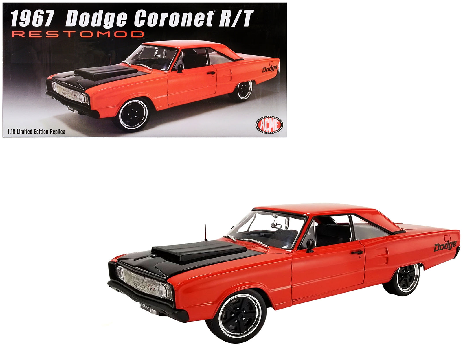 1967 Dodge Coronet R/T "Restomod" Primer Red with Black Hood Limited Edition to 372 pieces Worldwide 1/18 Diecast Model Car by ACME Acme