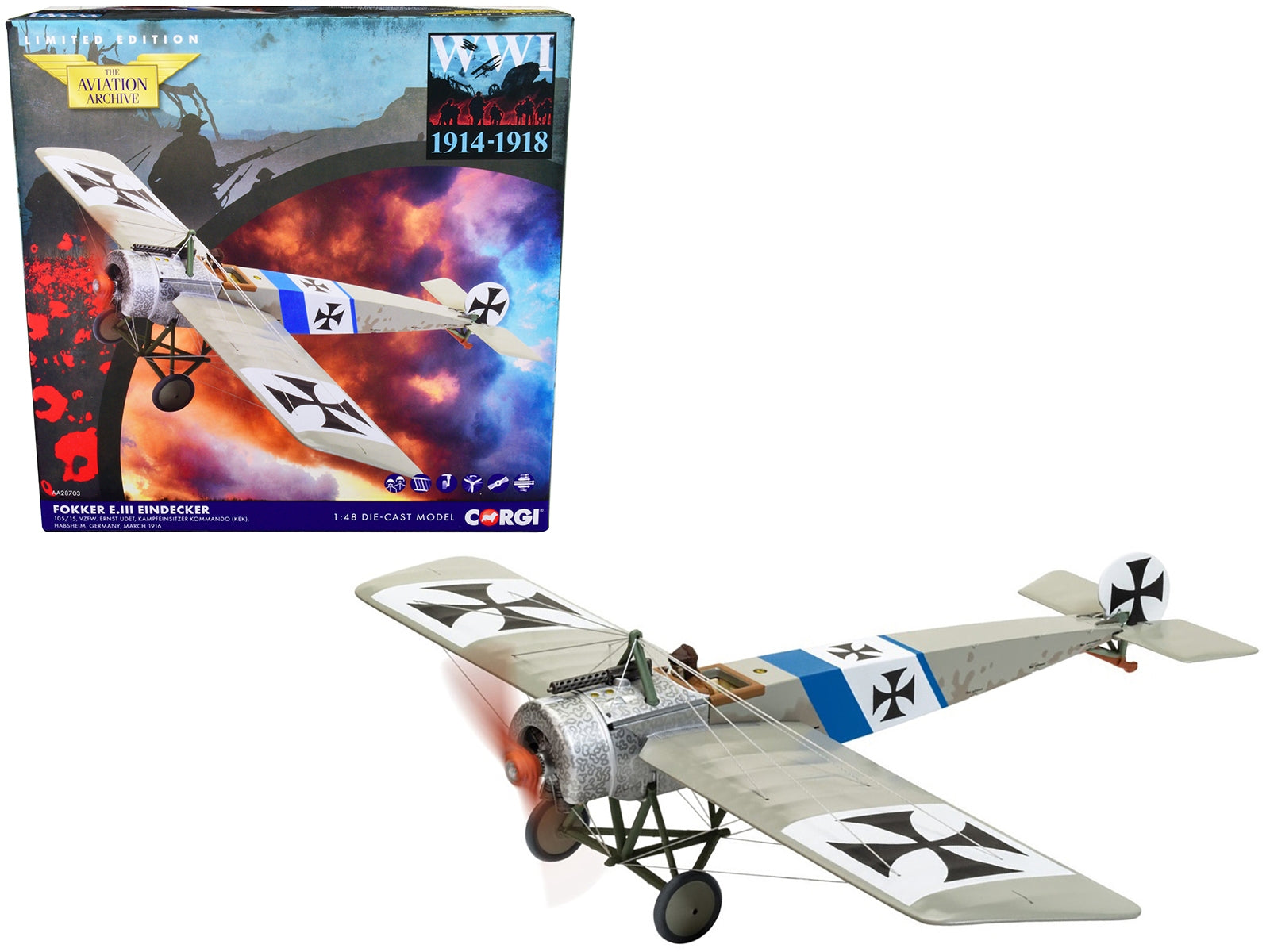 Fokker E.III Eindecker Fighter Aircraft "Vzfw. Ernst Udet Kampfeinsitzer Kommando Germany" (March 1916) "The Aviation Archive" Series 1/48 Diecast Model by Corgi Corgi