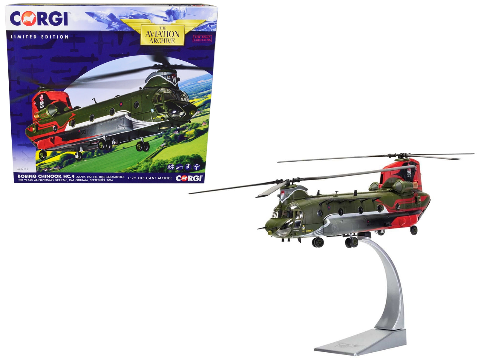 Boeing Chinook HC.4 Helicopter "ZA712 RAF No.18 (B) Squadron 100 Years Anniversary Scheme RAF Odiham" (September 2016) Royal Air Force "The Aviation Archive" Series 1/72 Diecast Model by Corgi Corgi