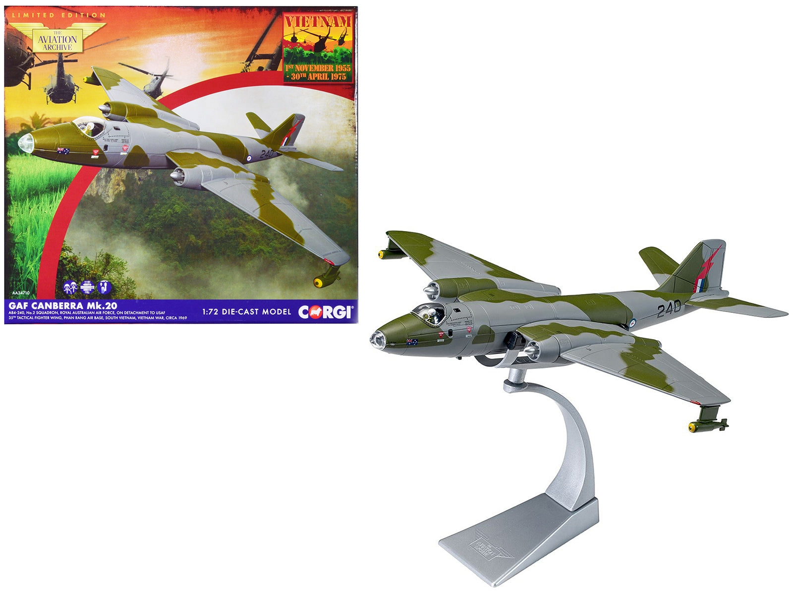 GAF Canberra Mk.20 Bomber Aircraft "A84-240 USAF 35th Tactical Fighter Wing Phan Rang Air Base Vietnam War" (1969) Royal Australian Air Force "The Aviation Archive" Series 1/72 Diecast Model by Corgi Corgi