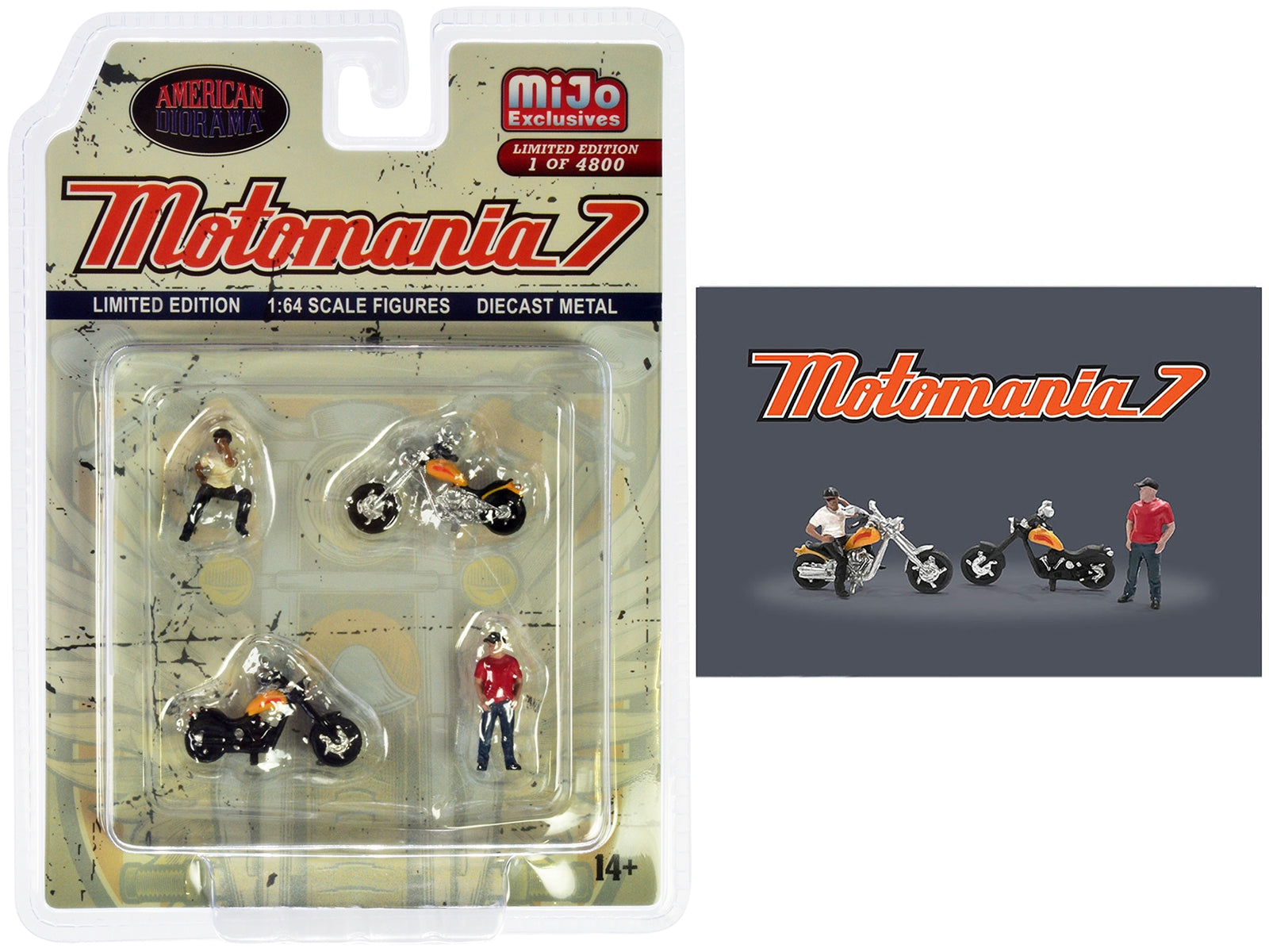 "Motomania 7" 4 piece Diecast Figure Set (2 Figures 2 Motorcycles) Limited Edition to 4800 pieces Worldwide for 1/64 scale models by American Diorama American Diorama