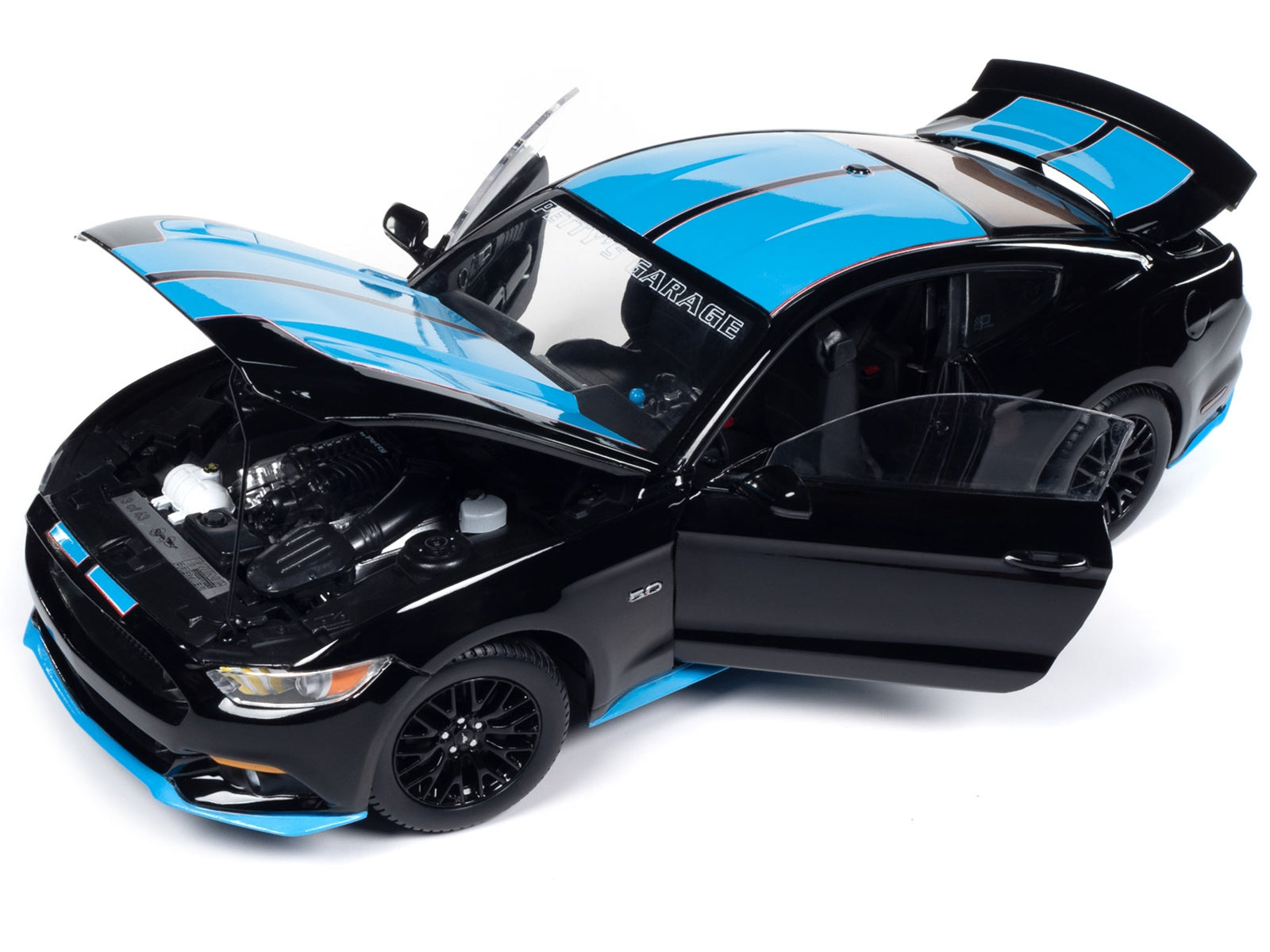 2015 Ford Mustang GT 5.0 Black with Petty Blue Stripes "Petty's Garage" 1/18 Diecast Model Car by Auto World Autoworld