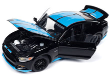 Load image into Gallery viewer, 2015 Ford Mustang GT 5.0 Black with Petty Blue Stripes &quot;Petty&#39;s Garage&quot; 1/18 Diecast Model Car by Auto World Autoworld
