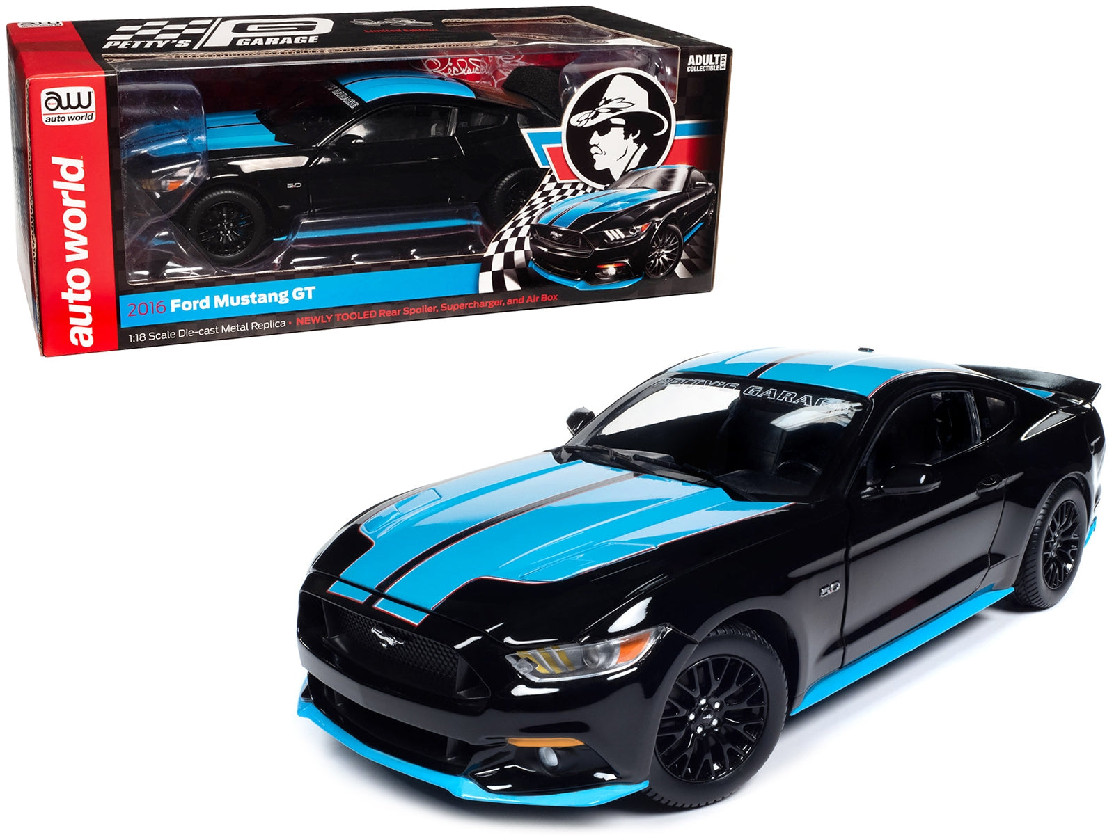 2015 Ford Mustang GT 5.0 Black with Petty Blue Stripes "Petty's Garage" 1/18 Diecast Model Car by Auto World Autoworld