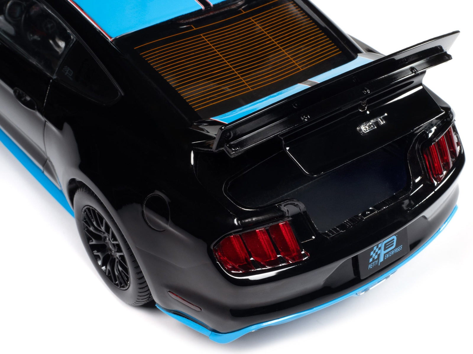 2015 Ford Mustang GT 5.0 Black with Petty Blue Stripes "Petty's Garage" 1/18 Diecast Model Car by Auto World Autoworld