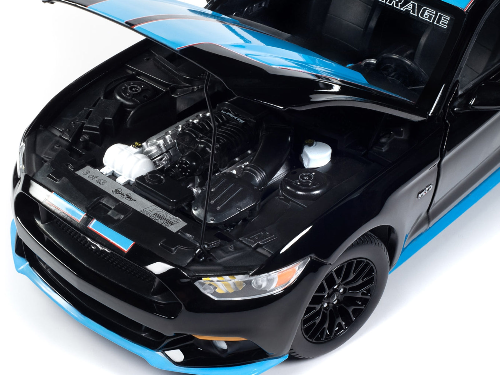 2015 Ford Mustang GT 5.0 Black with Petty Blue Stripes "Petty's Garage" 1/18 Diecast Model Car by Auto World Autoworld