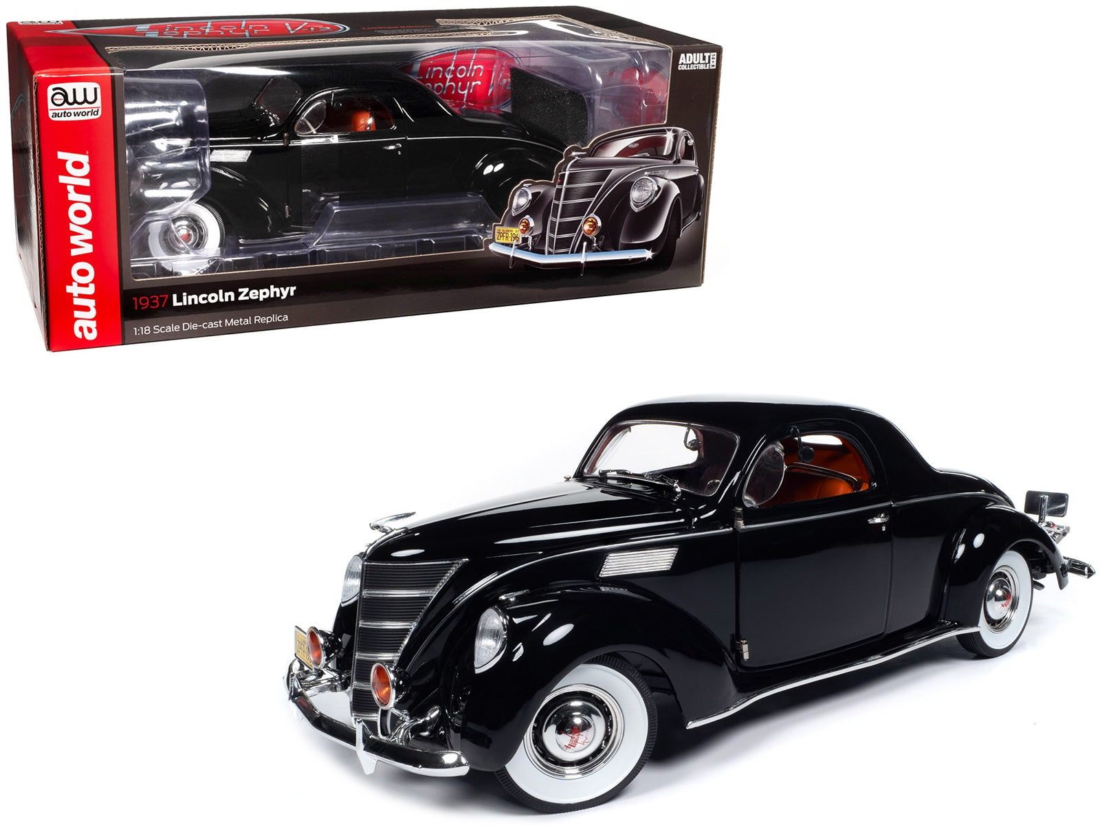 1937 Lincoln Zephyr Black with Red Interior 1/18 Diecast Model Car by Auto World Autoworld