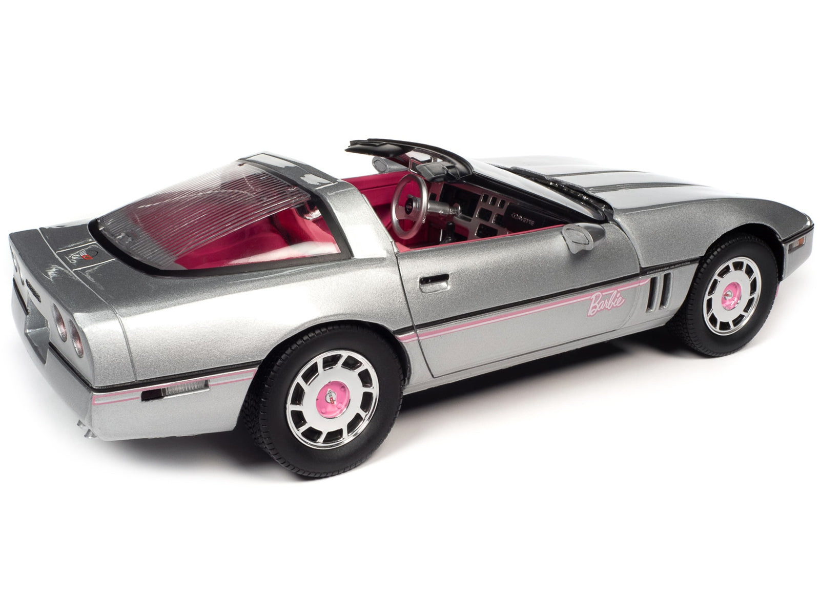 1986 Chevrolet Corvette Convertible Silver Metallic with Pink Interior "Barbie" "Silver Screen Machines" 1/18 Diecast Model Car by Auto World Autoworld