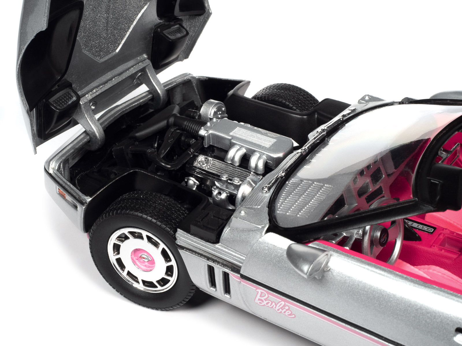 1986 Chevrolet Corvette Convertible Silver Metallic with Pink Interior "Barbie" "Silver Screen Machines" 1/18 Diecast Model Car by Auto World Autoworld