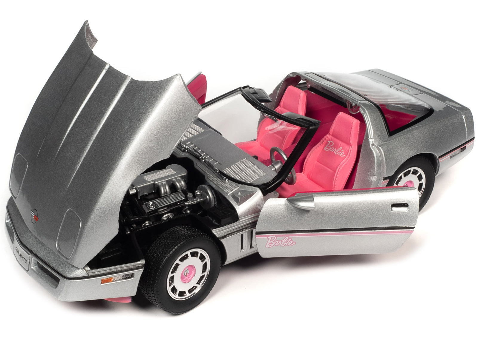 1986 Chevrolet Corvette Convertible Silver Metallic with Pink Interior "Barbie" "Silver Screen Machines" 1/18 Diecast Model Car by Auto World Autoworld