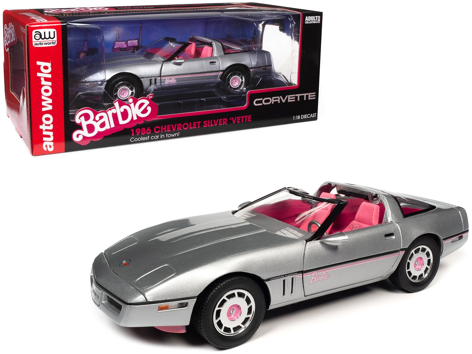 1986 Chevrolet Corvette Convertible Silver Metallic with Pink Interior "Barbie" "Silver Screen Machines" 1/18 Diecast Model Car by Auto World Autoworld