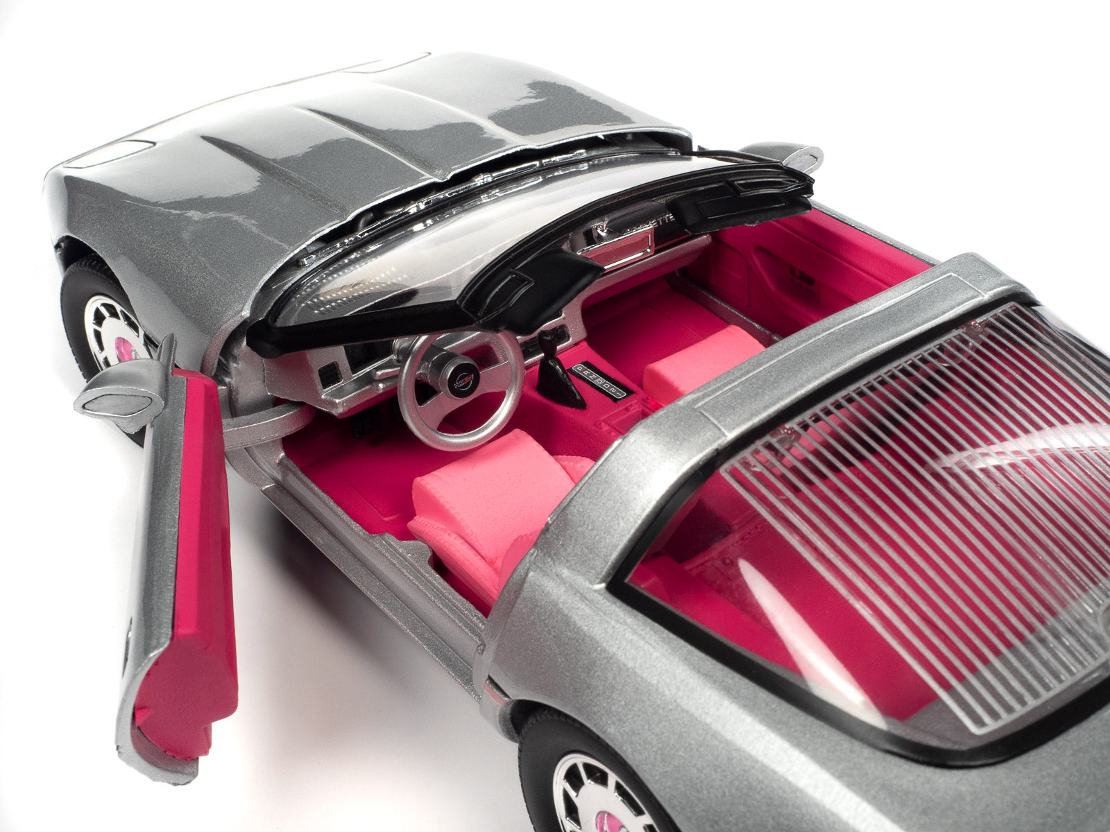 1986 Chevrolet Corvette Convertible Silver Metallic with Pink Interior "Barbie" "Silver Screen Machines" 1/18 Diecast Model Car by Auto World Autoworld