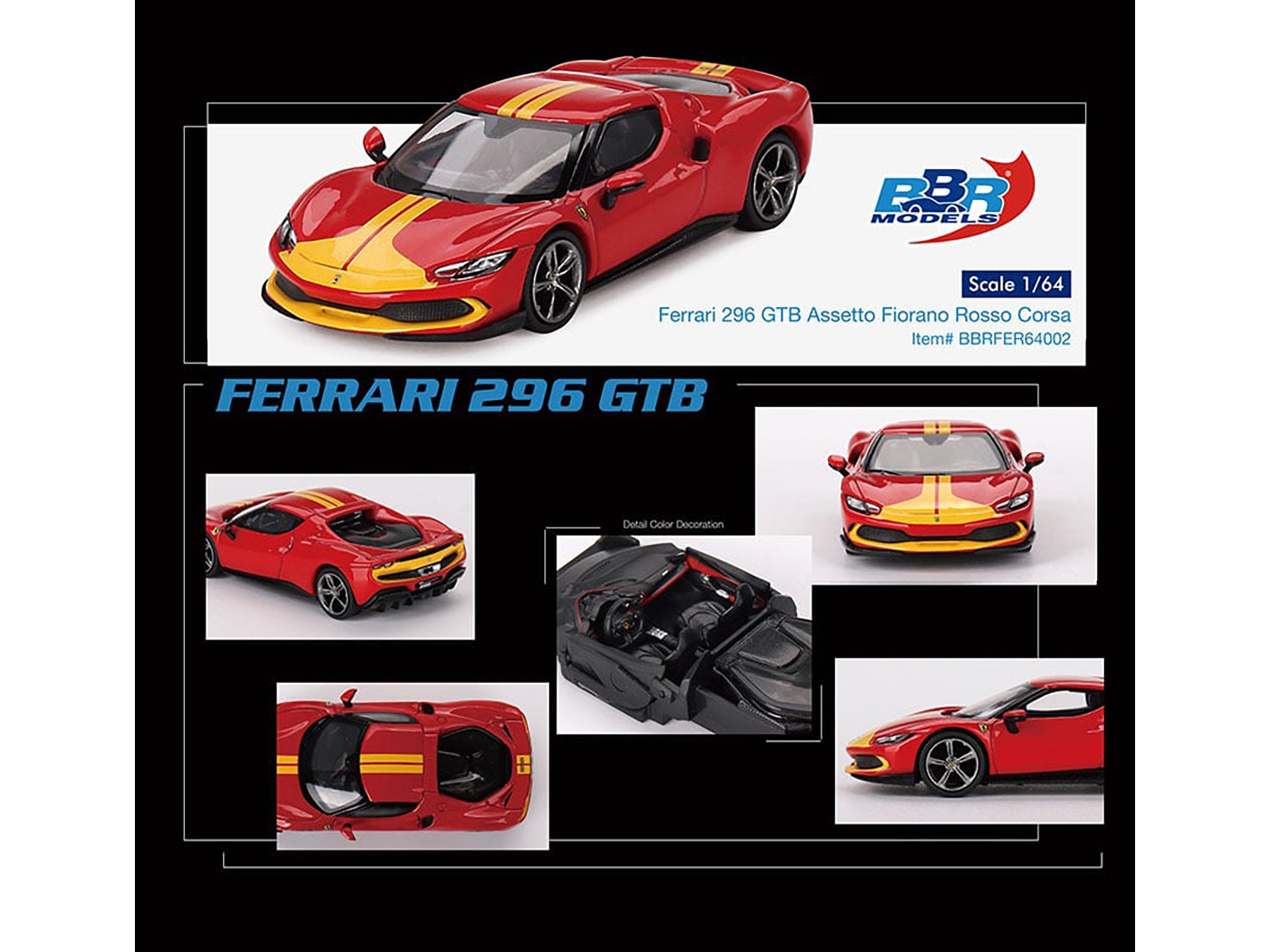 Ferrari 296 GTB Assetto Fiorano Rosso Corsa Red with Yellow Stripes 1/64 Diecast Model Car by BBR BBR