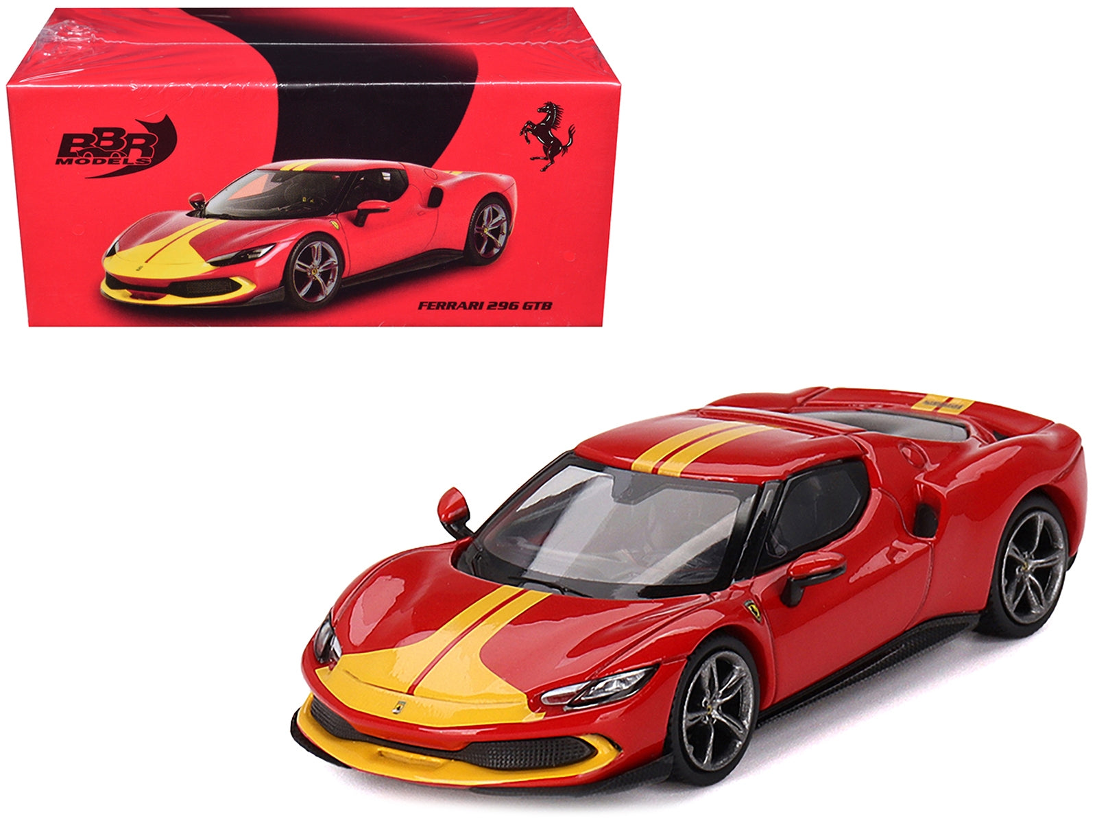 Ferrari 296 GTB Assetto Fiorano Rosso Corsa Red with Yellow Stripes 1/64 Diecast Model Car by BBR BBR