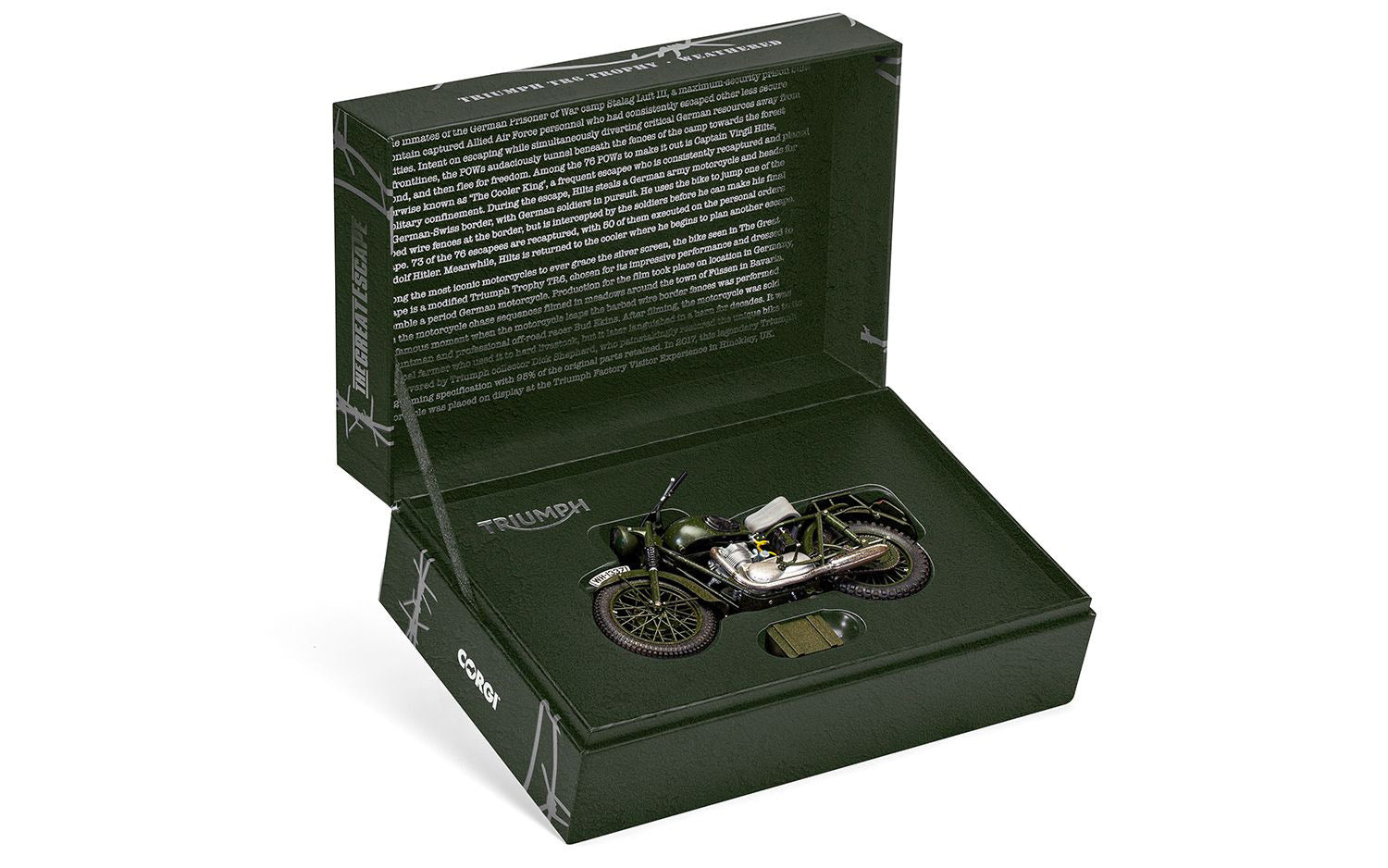 Triumph TR6 Trophy Motorcycle Dark Green (Weathered) "The Great Escape" (1963) Movie Diecast Model by Corgi Corgi