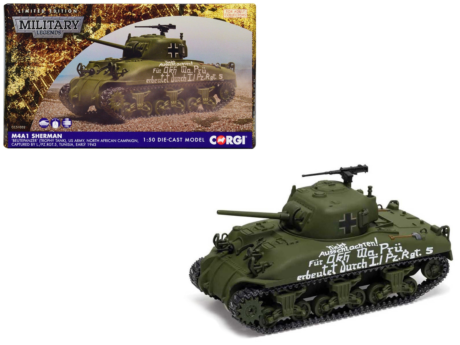 M4A1 Sherman Medium Tank "BeutePanzer (Trophy Tank) US Army North African Campaign Captured by L./PzRgt 5 Tunisia" (1943) German Army "Military Legends" Series 1/50 Diecast Model by Corgi Corgi