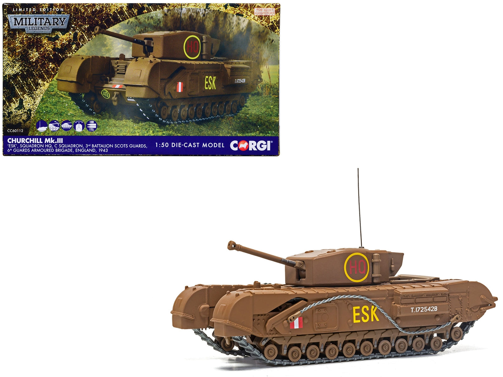 Churchill Mk.III Tank "ESK Squadron HQ C Squadron 3rd Battalion Scots Guards 6th Guards Armoured Brigade" (1943) British Royal Army "Military Legends" Series 1/50 Diecast Model by Corgi Corgi