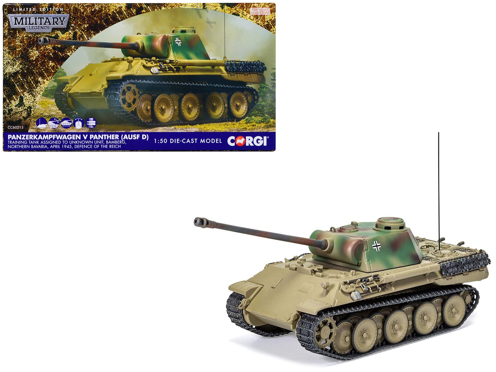 Panzerkampfwagen V Panther (Ausf D) Tank "Training Unit Bamberg North Bavaria Defence of the Reich" (1945) German Army "Military Legends" Series 1/50 Diecast Model by Corgi Corgi