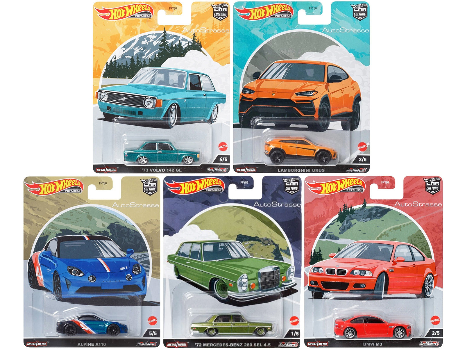 "Auto Strasse" 5 piece Set "Car Culture" Series Diecast Model Cars by Hot Wheels Hotwheels