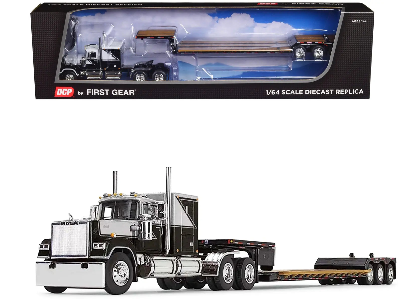 Mack Super-Liner with 60" Flat Top Sleeper &  Fontaine Renegade LXT40 Lowboy Trailer with Flip Axle Black and Gray 1/64 Diecast Model by DCP/First Gear First Gear