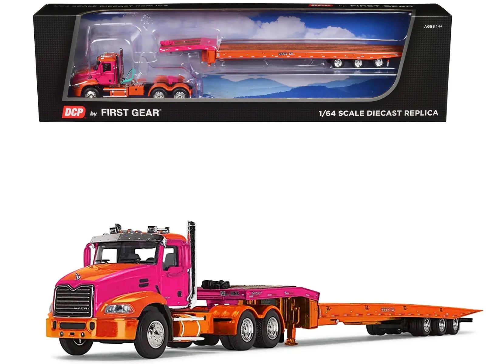 Mack Pinnacle Day Cab with Aftermarket Minimizer Parts and Talbert 5553TA Traveling-Axle Trailer Orange and Fuchsia 1/64 Diecast Model by DCP/First Gear First Gear