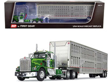 Load image into Gallery viewer, Kenworth W900A Day Cab and Wilson Silverstar Livestock Tandem-Axle Trailer Neon and Dark Green 1/64 Diecast Model by DCP/First Gear First Gear
