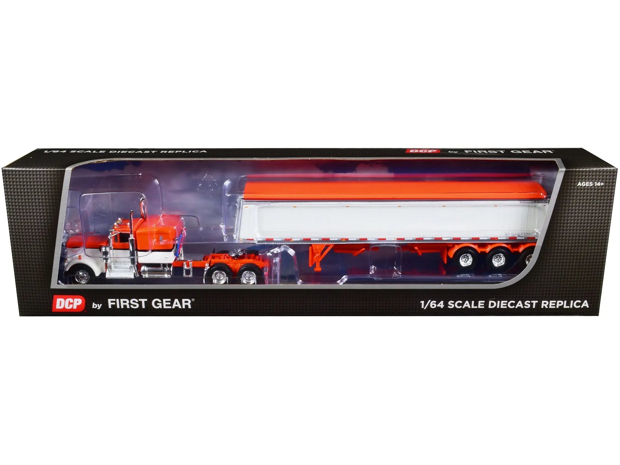 Kenworth W900A with 60" Flat Top Sleeper and Lode King Distinction Tri-Axle Hopper Trailer Orange and Pearl White 1/64 Diecast Model by DCP/First Gear First Gear