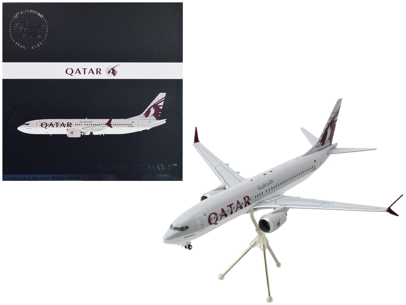 Boeing 737 MAX 8 Commercial Aircraft "Qatar Airways" Gray and White with Tail Graphics "Gemini 200" Series 1/200 Diecast Model Airplane by GeminiJets GeminiJets