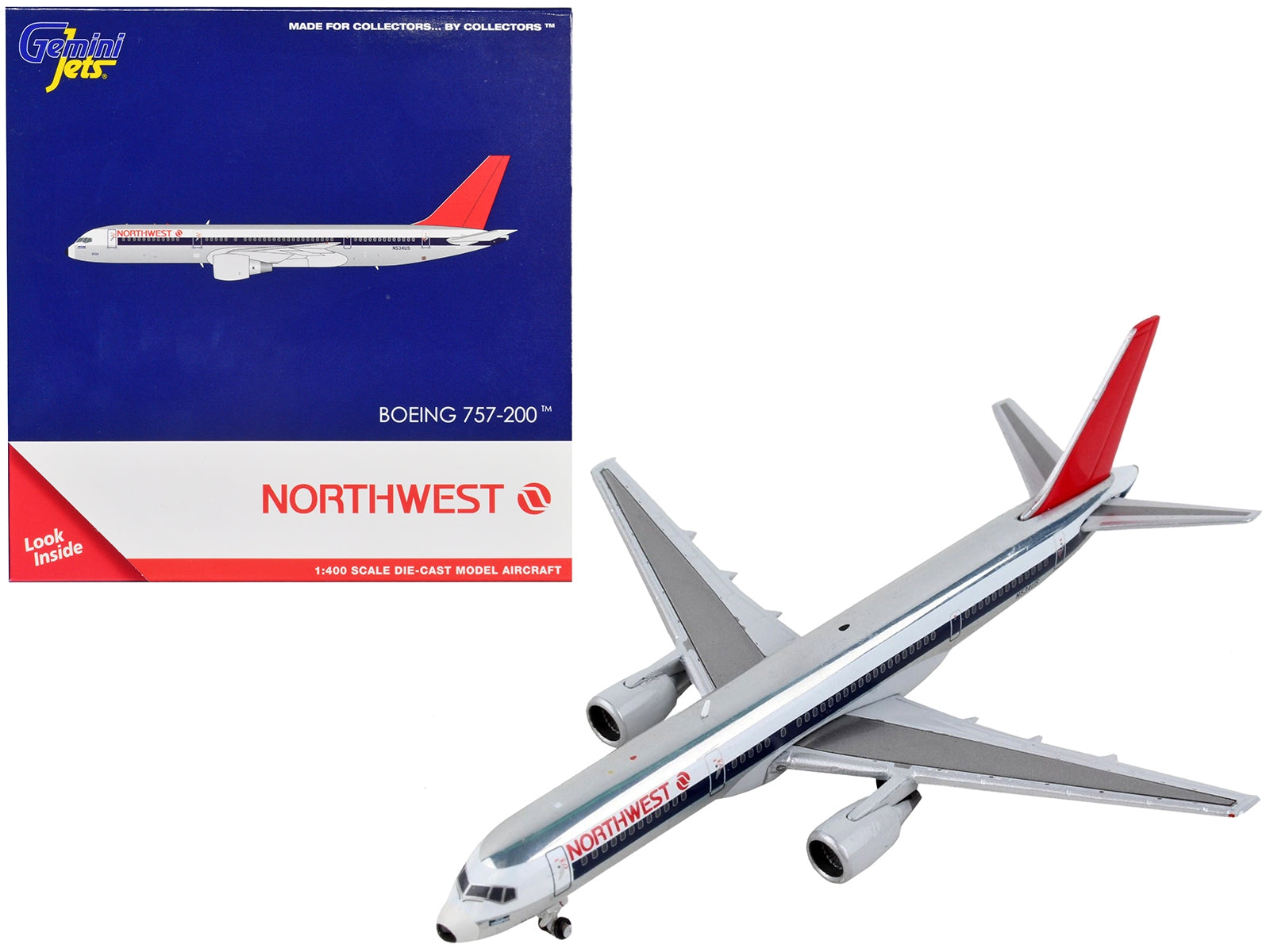 Boeing 757-200 Commercial Aircraft "Northwest Airlines" Silver and White with Red Tail 1/400 Diecast Model Airplane by GeminiJets GeminiJets