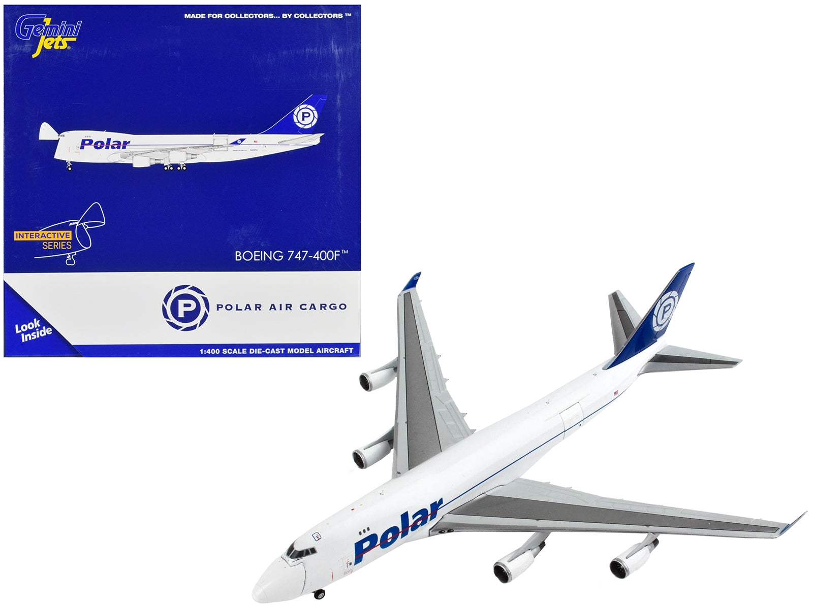 Boeing 747-400F Commercial Aircraft "Polar Air Cargo" White with Blue Tail "Interactive Series" 1/400 Diecast Model Airplane by GeminiJets GeminiJets