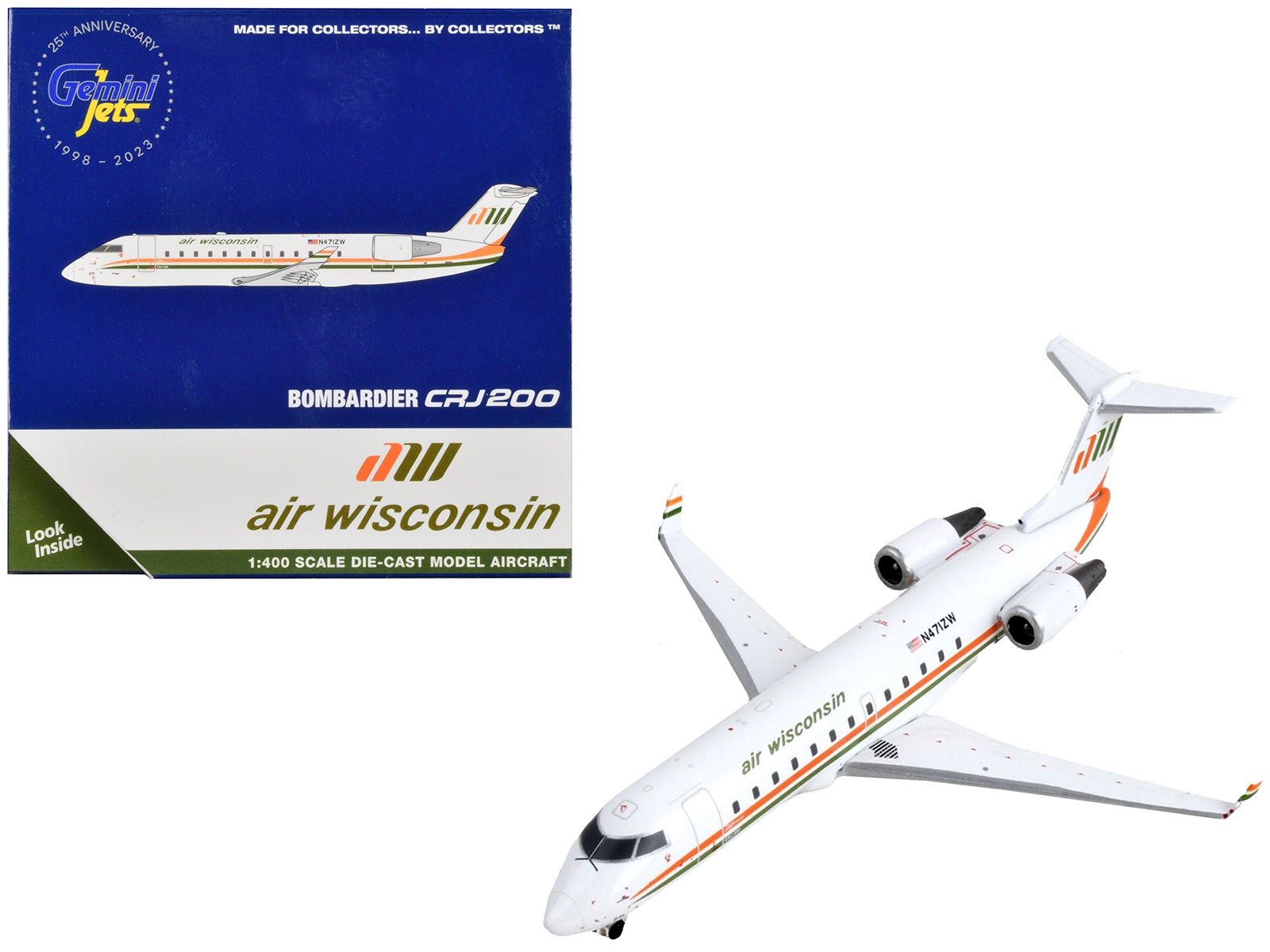 Bombardier CRJ200 Commercial Aircraft "Air Wisconsin" White with Orange and Green Stripes 1/400 Diecast Model Airplane by GeminiJets GeminiJets