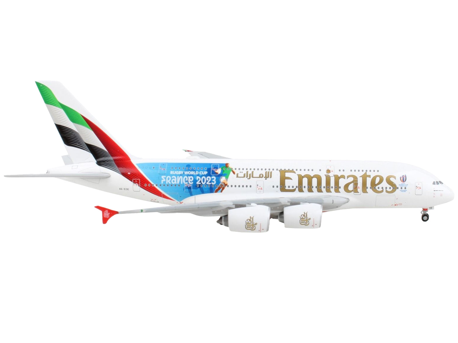 Airbus A380-800 Commercial Aircraft "Emirates Airlines - 2023 Rugby World Cup Sponsor" White with Striped Tail 1/400 Diecast Model Airplane by GeminiJets GeminiJets