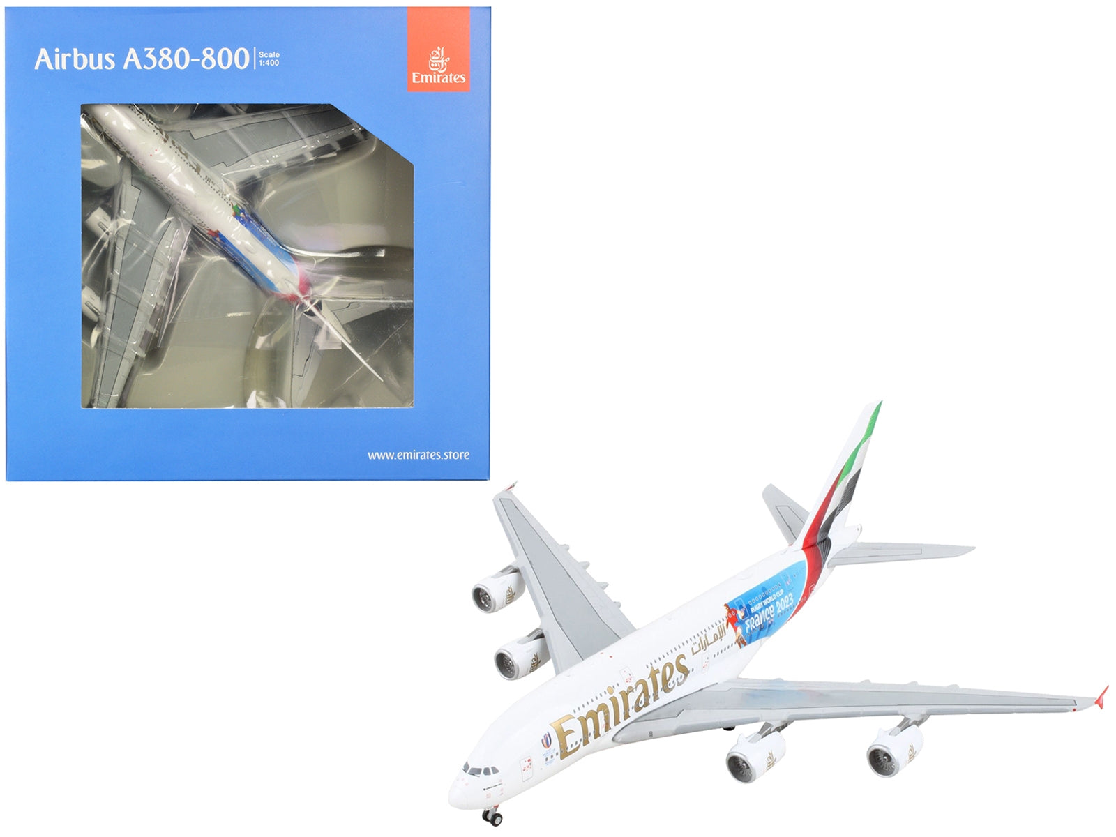 Airbus A380-800 Commercial Aircraft "Emirates Airlines - 2023 Rugby World Cup Sponsor" White with Striped Tail 1/400 Diecast Model Airplane by GeminiJets GeminiJets