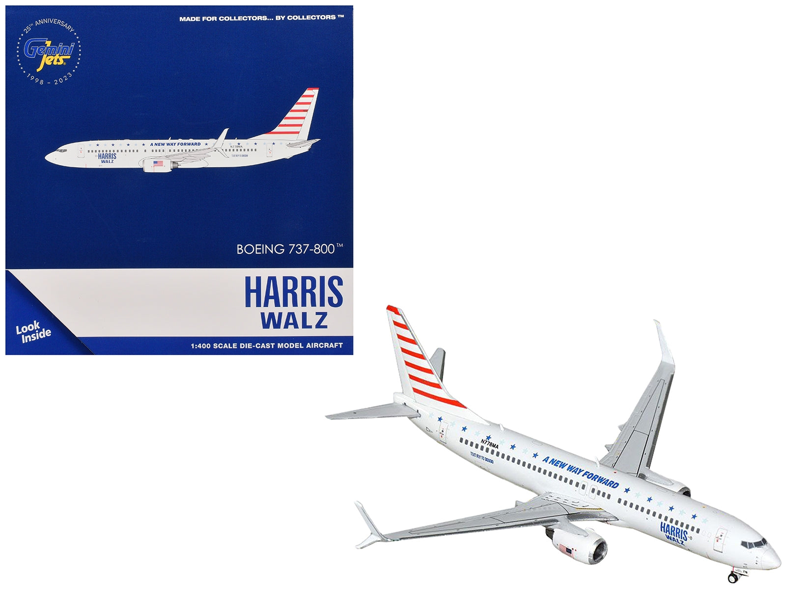 Boeing 737-800 Commercial Aircraft "Harris-Walz Campaign" (N778MA) White with Striped Tail 1/400 Diecast Model Airplane by GeminiJets GeminiJets