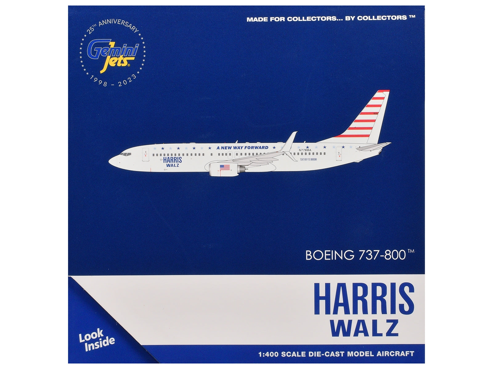 Boeing 737-800 Commercial Aircraft "Harris-Walz Campaign" (N778MA) White with Striped Tail 1/400 Diecast Model Airplane by GeminiJets GeminiJets