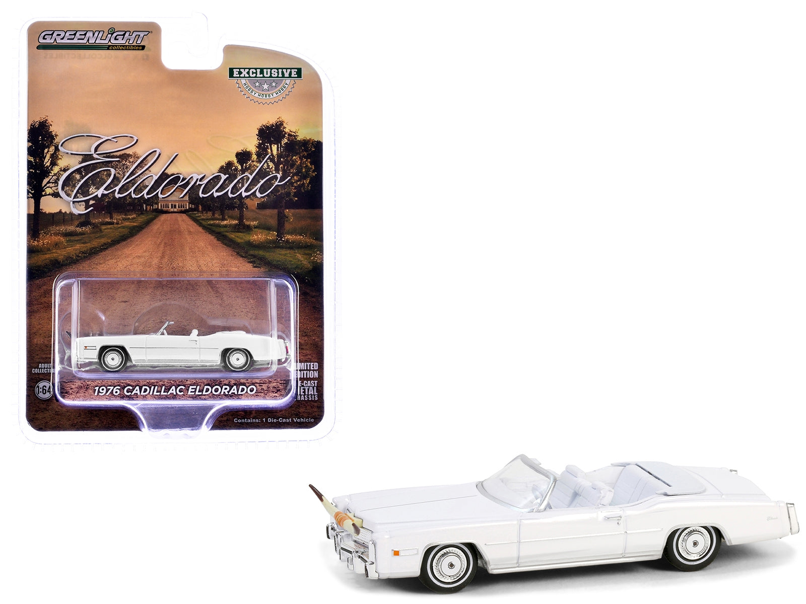 1976 Cadillac Eldorado Convertible White with White Interior and Bull Horns Hood Ornament "Hobby Exclusive" Series 1/64 Diecast Model Car by Greenlight Greenlight