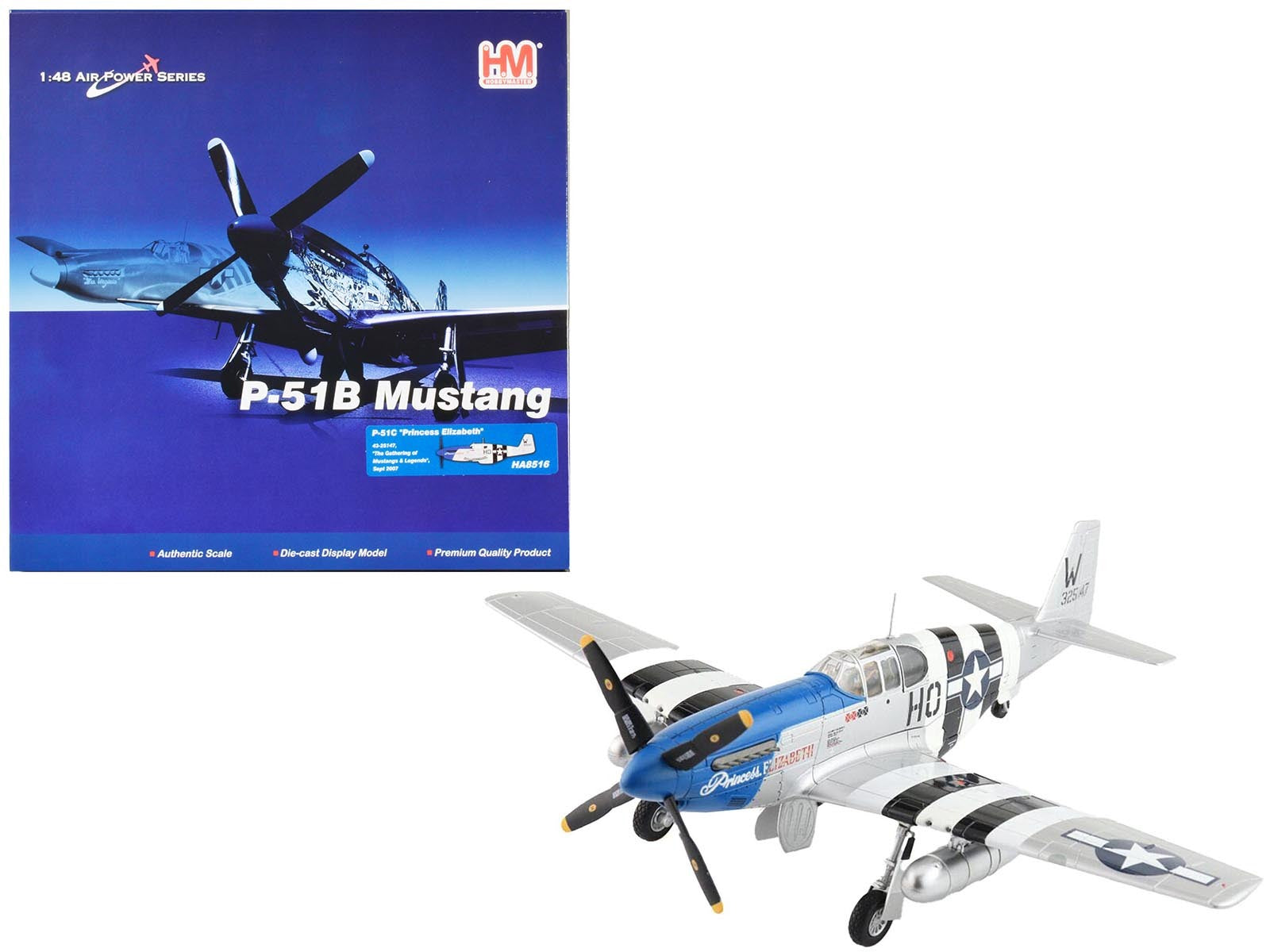 North American P-51C Mustang Fighter Aircraft "'Princess Elizabeth' Gathering of Mustangs and Legends United Kingdom" (2007) United States Air Force "Air Power Series" 1/48 Diecast Model by Hobby Master Hobby Master