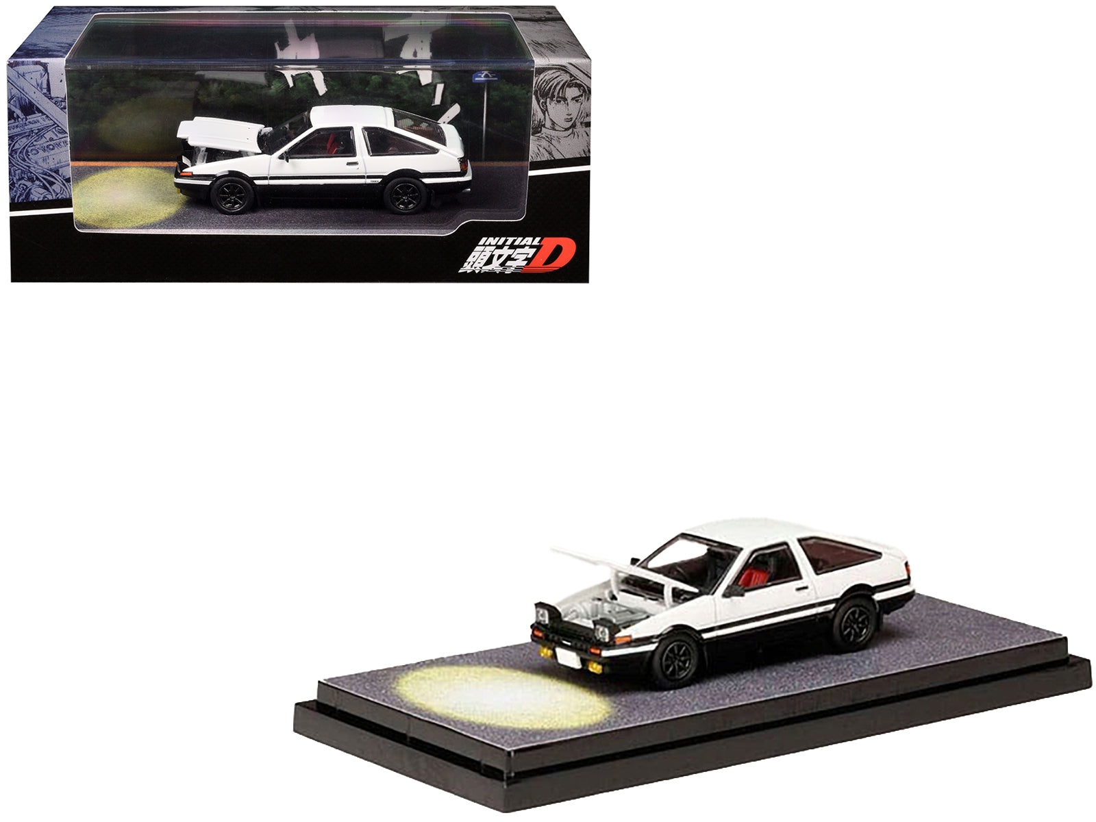 Toyota Sprinter Trueno (AE86) RHD (Right Hand Drive) White and Black "Engine Mounted Model VS Wataru Akiyama" "Initial D" (1995-2013) Manga 1/64 Diecast Model Car by Hobby Japan Hobby Japan