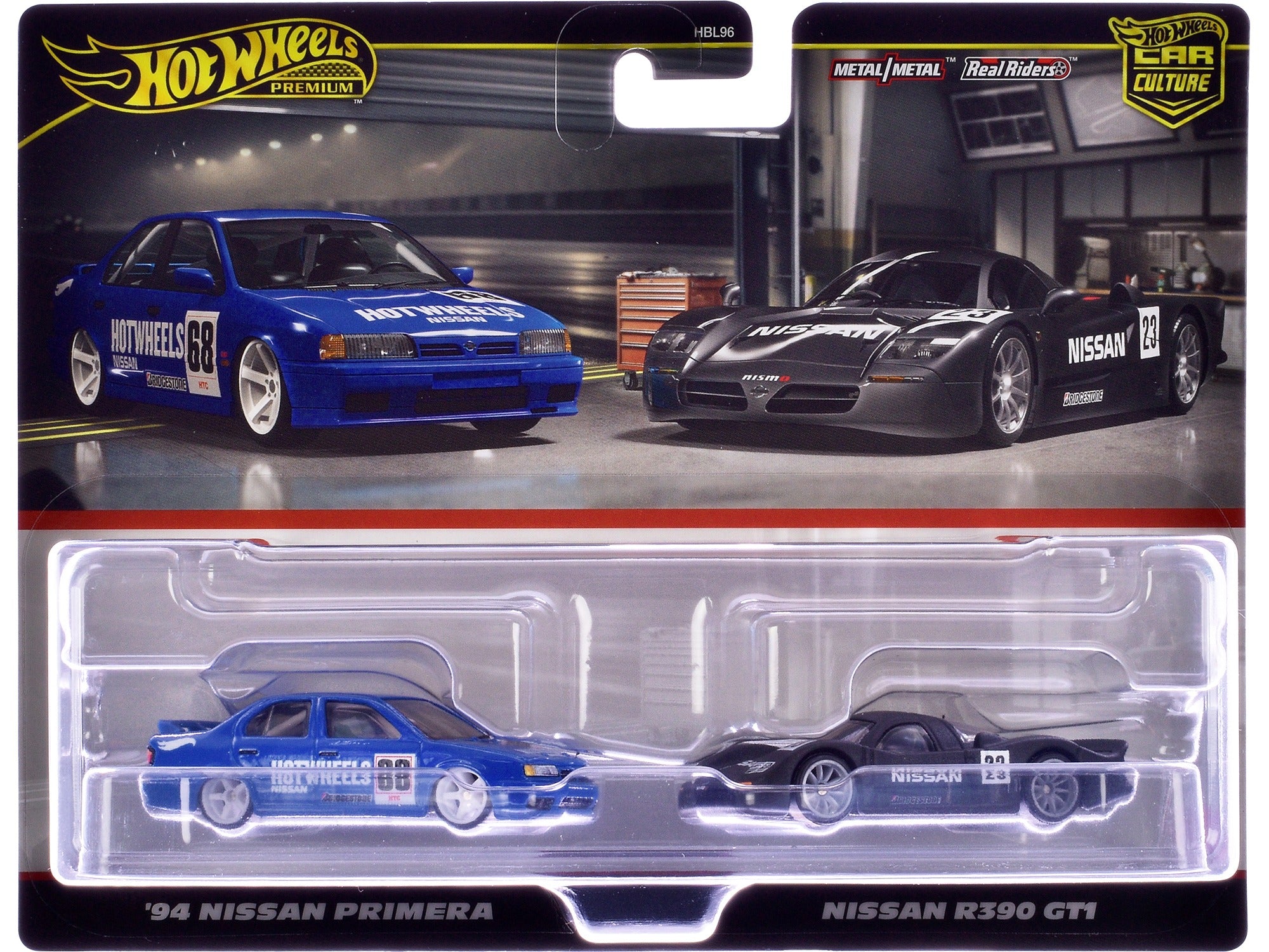 1994 Nissan Primera RHD (Right Hand Drive) #68 Blue and Nissan R390 GT1 #23 Matt Black "Car Culture" Set of 2 Cars Diecast Model Cars by Hot Wheels Hotwheels